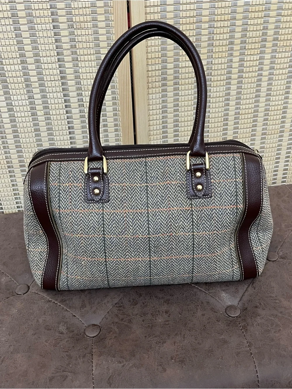 Etienne Aigner Brown Leather & Olive Tweed Satchel
